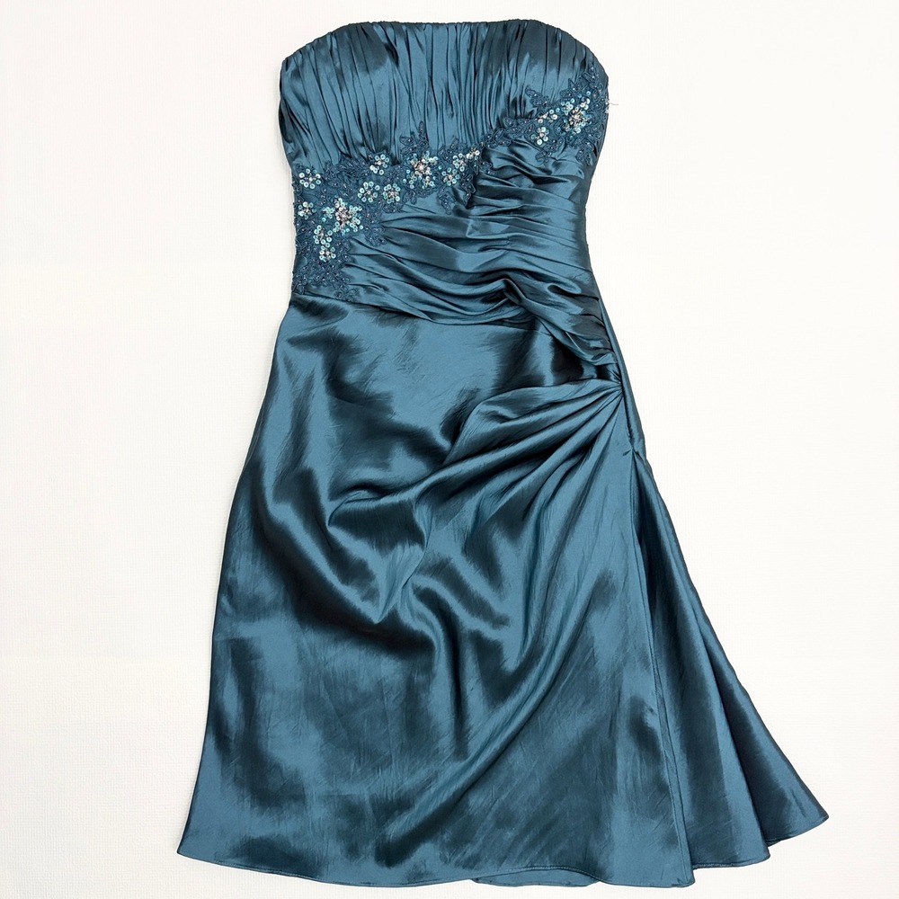 Jean De Lys Strapless Cocktail Dress Beaded Ruched Size 8 Teal Blue